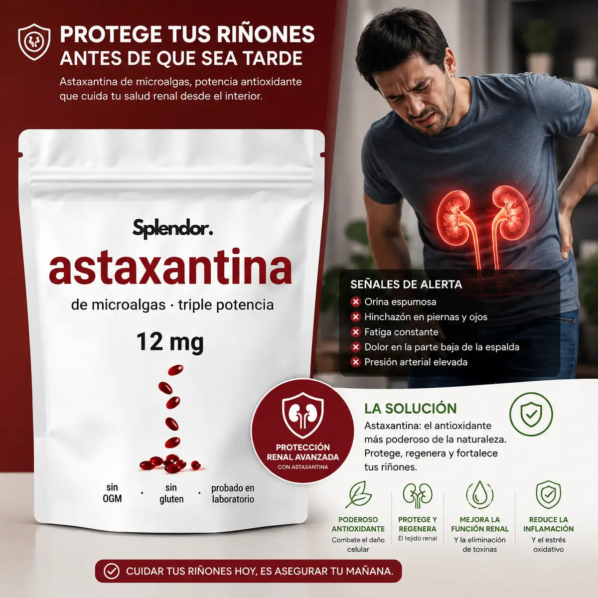 Astaxantina Natural 12mg — Si tu médico te dijo que hay que monitorear tus riñones, esto es lo que puedes empezar a hacer hoy.