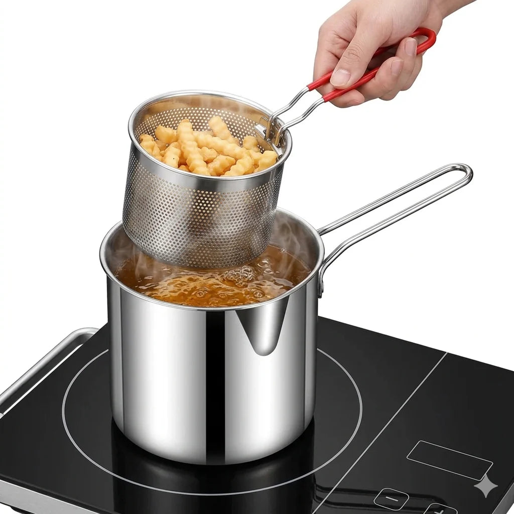 Olla Freidora con Cesta de Acero Inoxidable ® - ¡Fríe con Precisión y Limpieza Total!