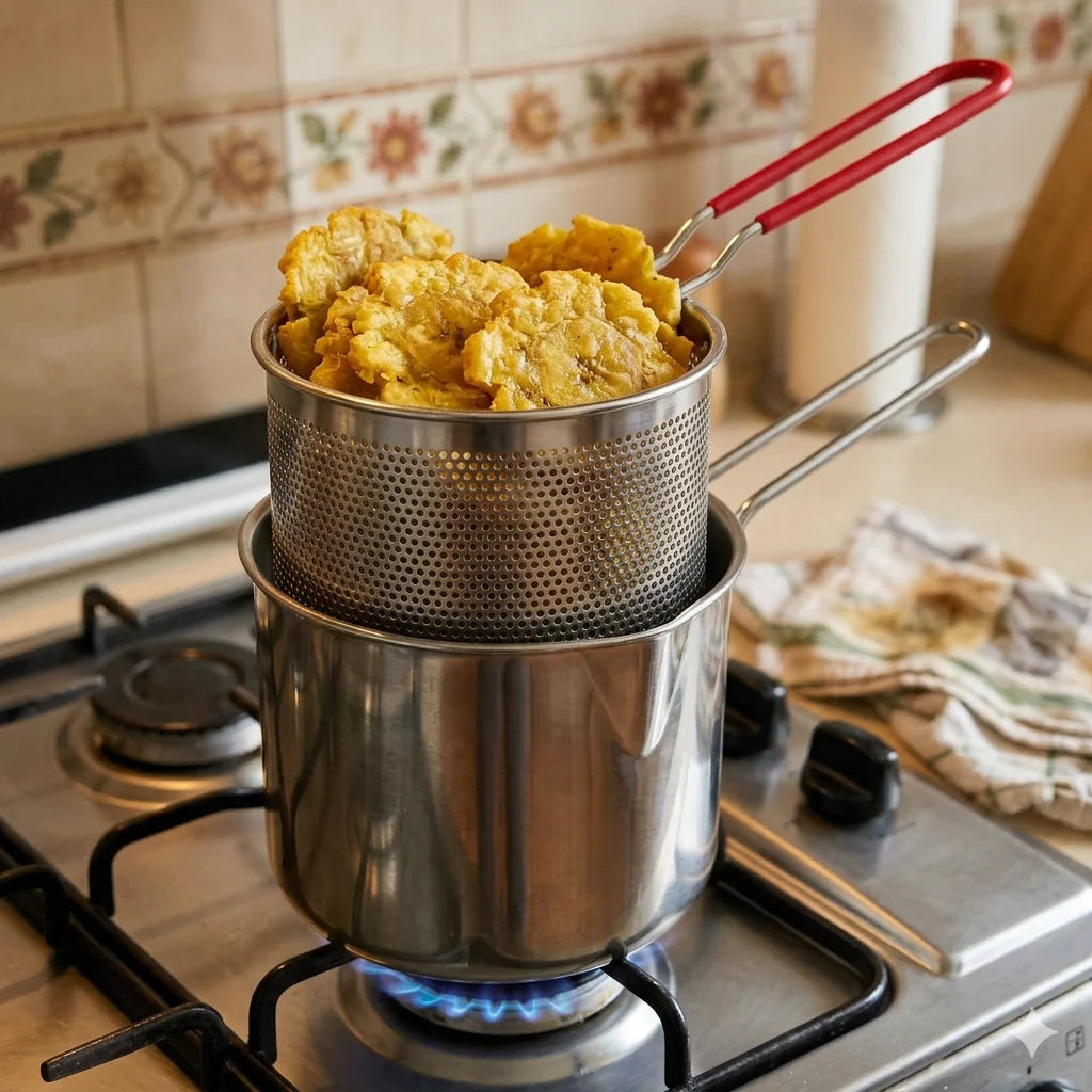 Olla Freidora con Cesta de Acero Inoxidable ® - ¡Fríe con Precisión y Limpieza Total!