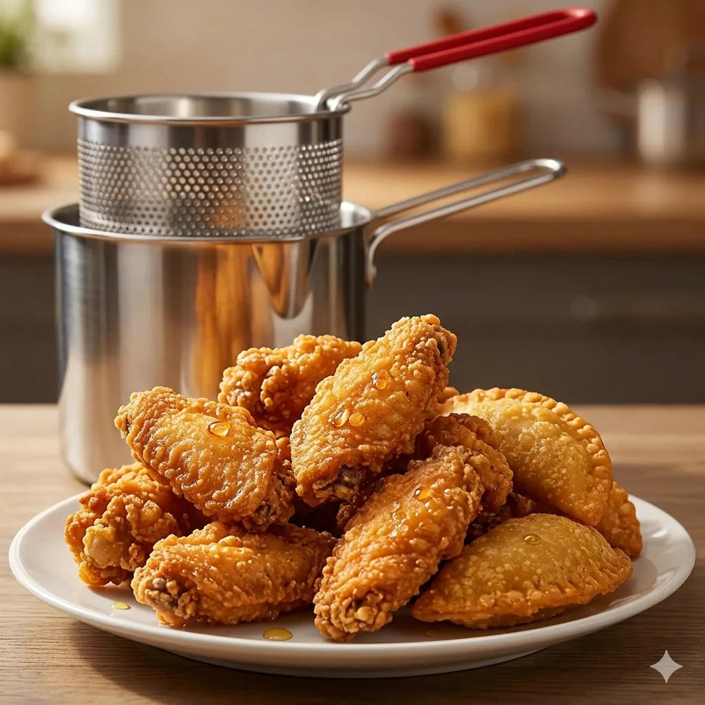 Olla Freidora con Cesta de Acero Inoxidable ® - ¡Fríe con Precisión y Limpieza Total!