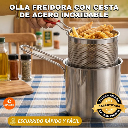 Olla Freidora con Cesta de Acero Inoxidable ® - ¡Fríe con Precisión y Limpieza Total!