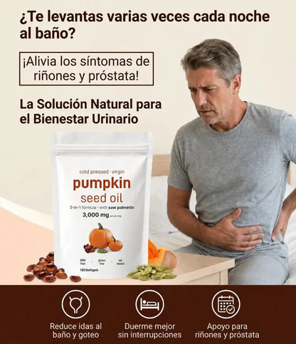Aceite puro de semilla de calabaza ¡La solución natural para tu próstata y riñones! 150 capsulas