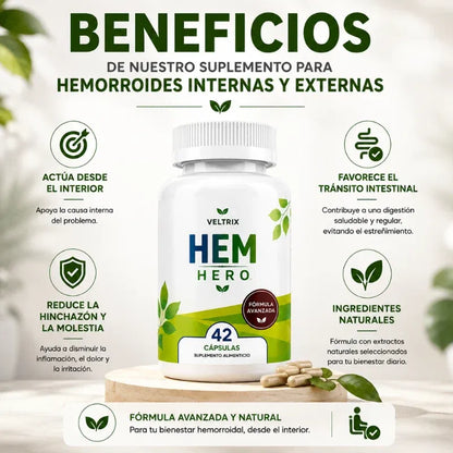 Hem Hero - Tratamiento para hemorroides – Reduce la hinchazón, calma la picazón y la irritación – 100% natural – 42 cápsulas