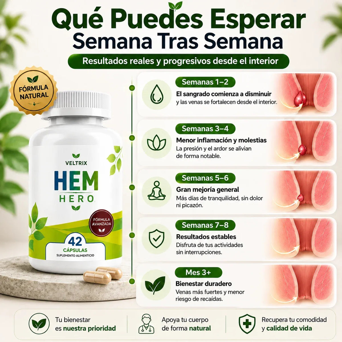 Hem Hero - Tratamiento para hemorroides – Reduce la hinchazón, calma la picazón y la irritación – 100% natural – 42 cápsulas