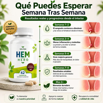 Hem Hero - Tratamiento para hemorroides – Reduce la hinchazón, calma la picazón y la irritación – 100% natural – 42 cápsulas