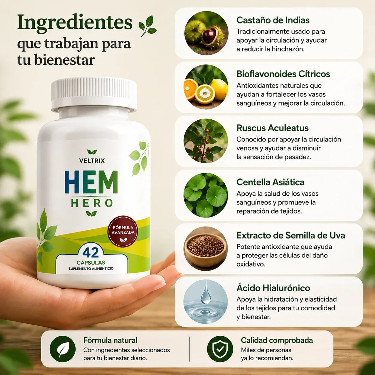 Hem Hero - Tratamiento para hemorroides – Reduce la hinchazón, calma la picazón y la irritación – 100% natural – 42 cápsulas